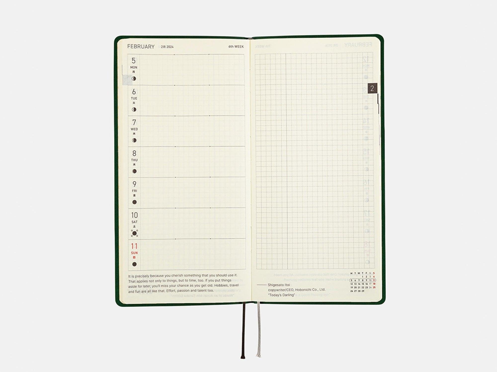 Hobonichi Techo Weeks Japanese Version 2024 Jan. Start Smooth Forest Green