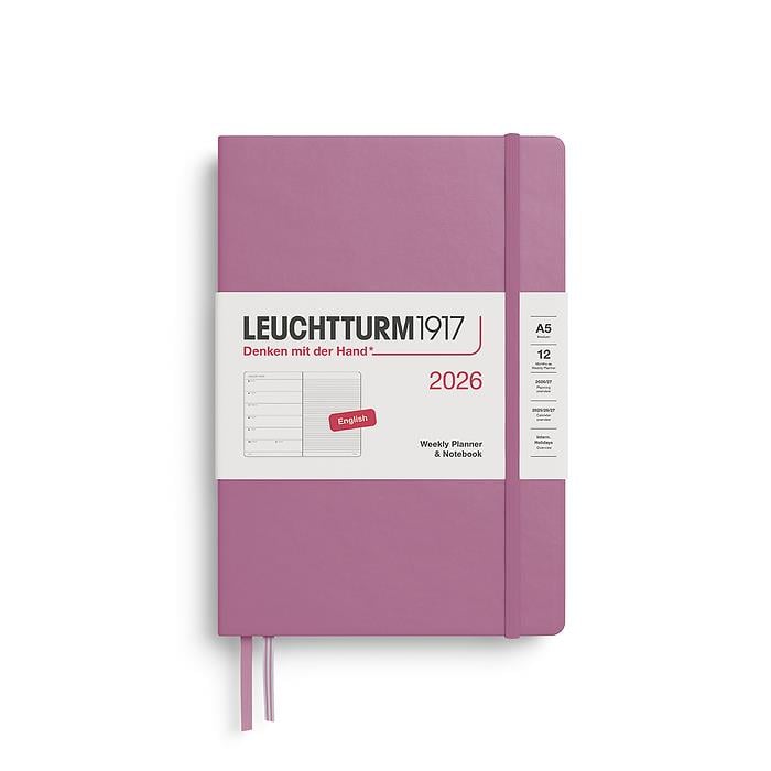 Leuchtturm1917 Orta Boy (A5) 12 Aylık Ajanda ve Not Defteri (Çizgili) 2026 Sert Kapak, İngilizce, Tozlu Gül 372652
