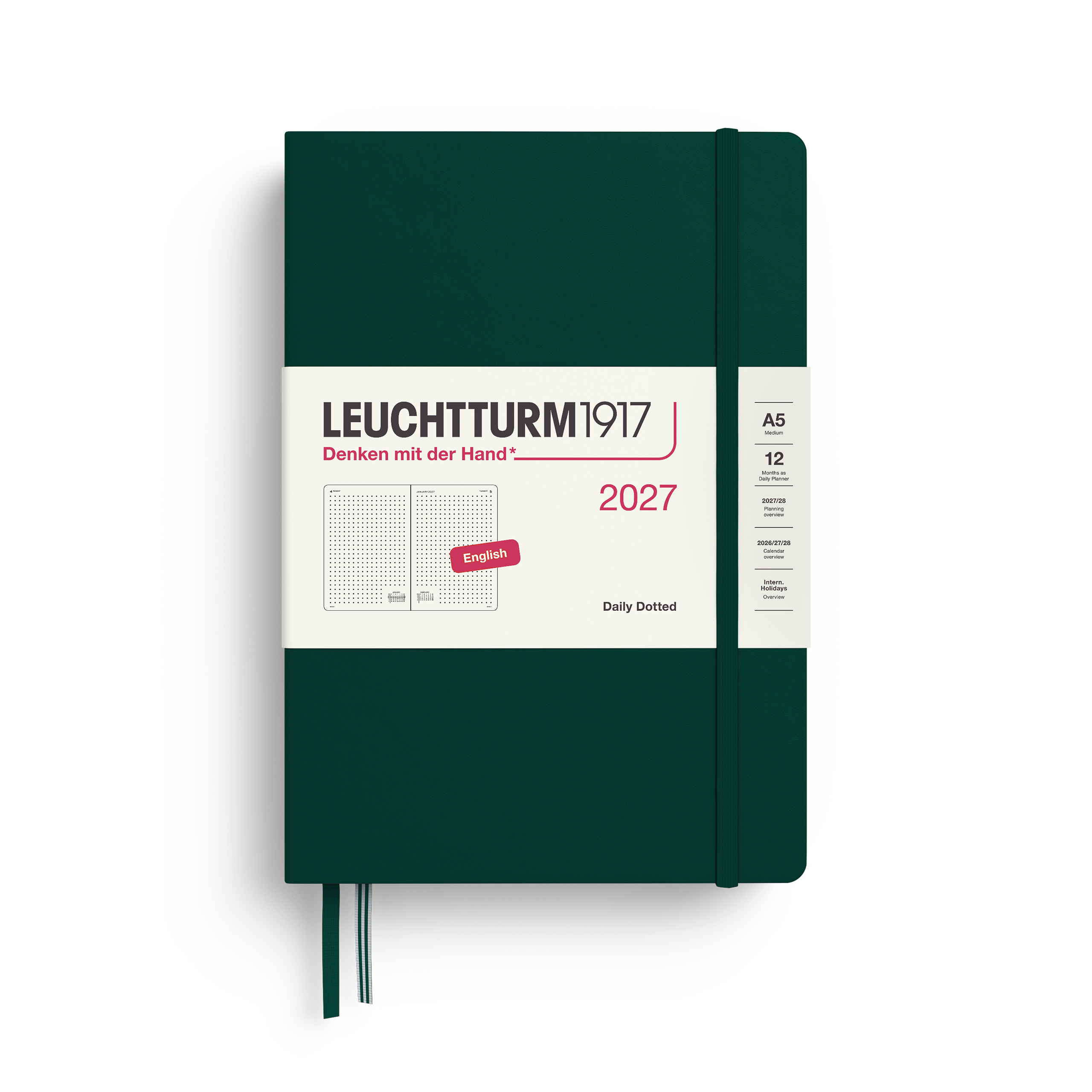 Leuchtturm1917 Planner 2027 - 12M Günlük Planner Noktalı Medium A5 2027 İngilizce Forest Green 400336