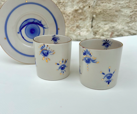 White Rabbit Porcelain 24 Ayar Altın Detaylı Göz Türk Kahvesi Fincanı Seti