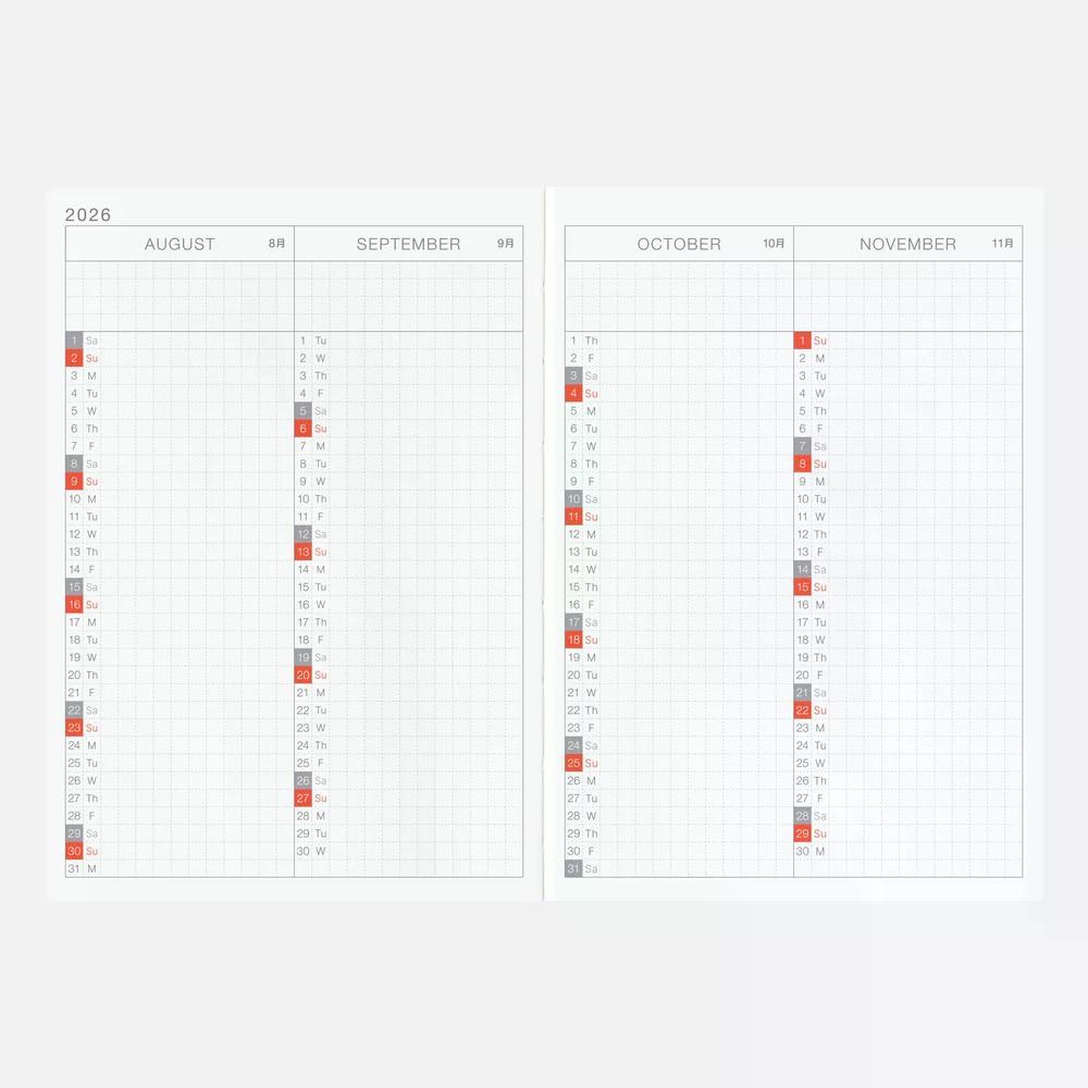 Hobonichi Techo Ajanda   - Original A5 English- Monday Start Week - 2026 Jan Start