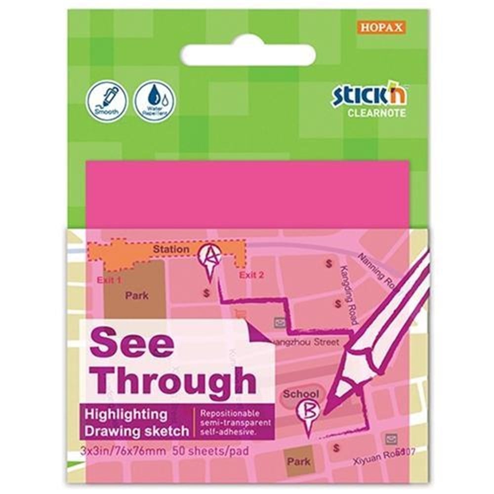 Stickn Şeffaf Yapışkanlı Not Kağıdı & Post it Saydam Pembe 76x76 mm