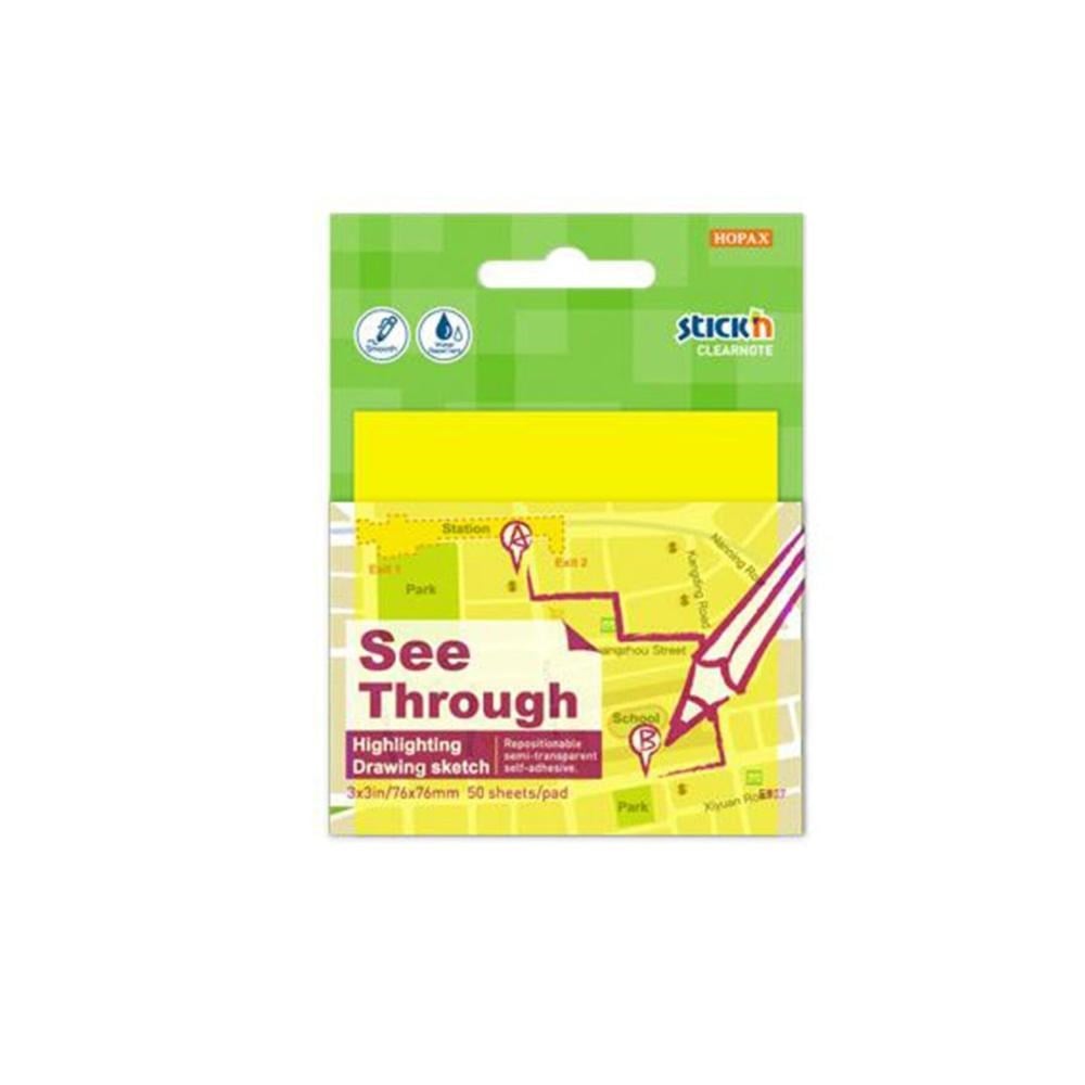 Stickn Şeffaf Yapışkanlı Not Kağıdı & Post it Saydam Sarı 76x76 mm