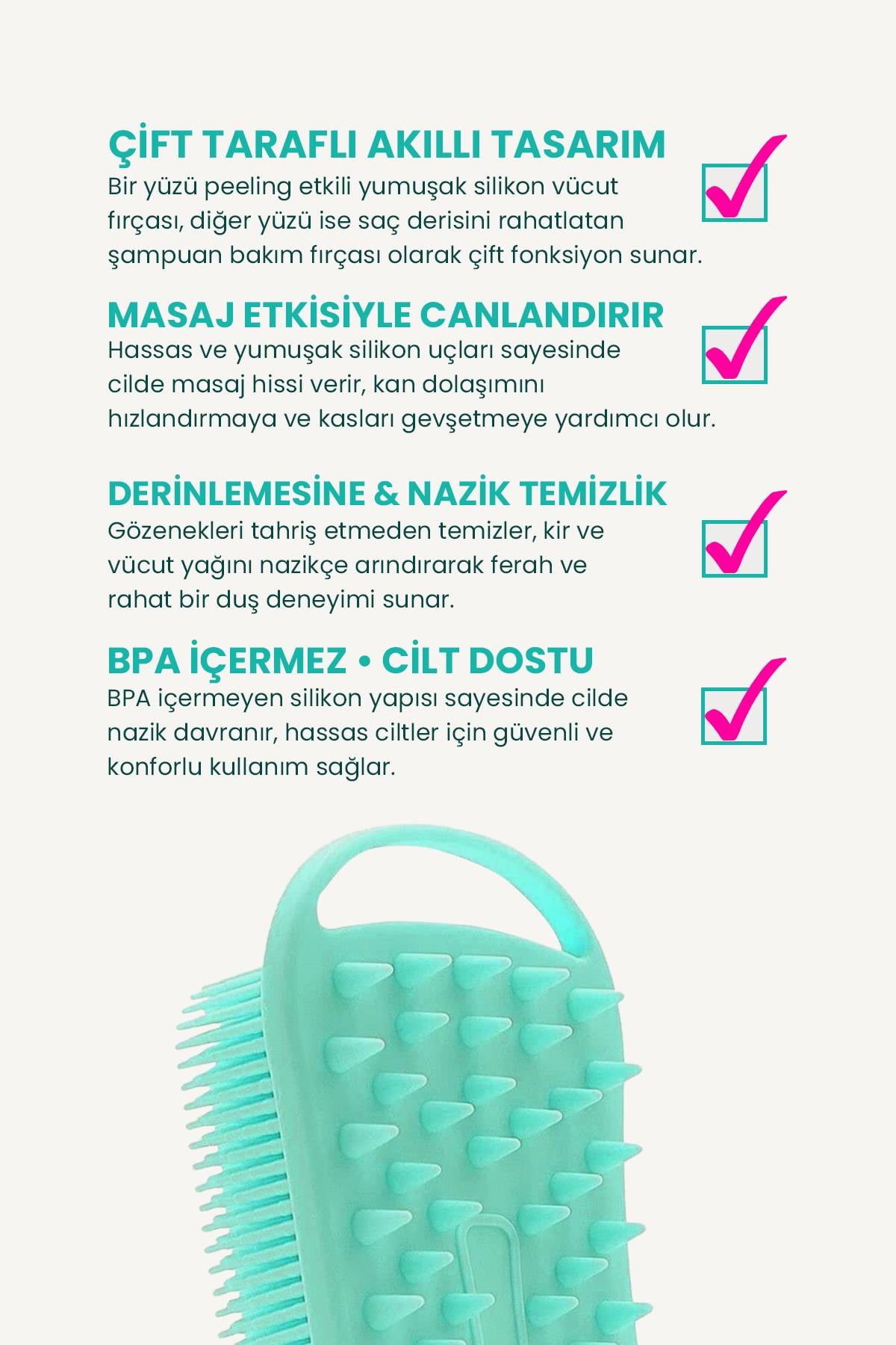 Çift Taraflı Silikon Vücut Ve Saç Bakım Fırçası, Saç Ve Vücut Derisine Masaj Yapan Şampuan Tarağı
