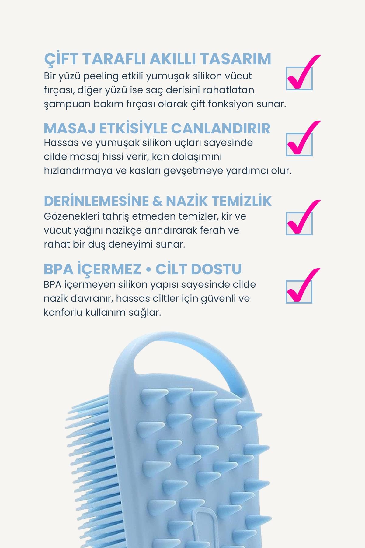 Çift Taraflı Silikon Vücut Ve Saç Bakım Fırçası, Saç Ve Vücut Derisine Masaj Yapan Şampuan Tarağı