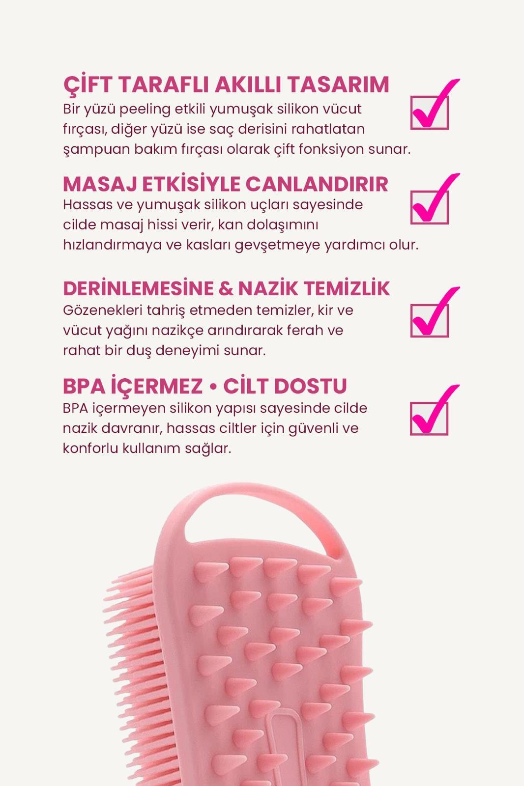 Çift Taraflı Silikon Vücut Ve Saç Bakım Fırçası, Saç Ve Vücut Derisine Masaj Yapan Şampuan Tarağı