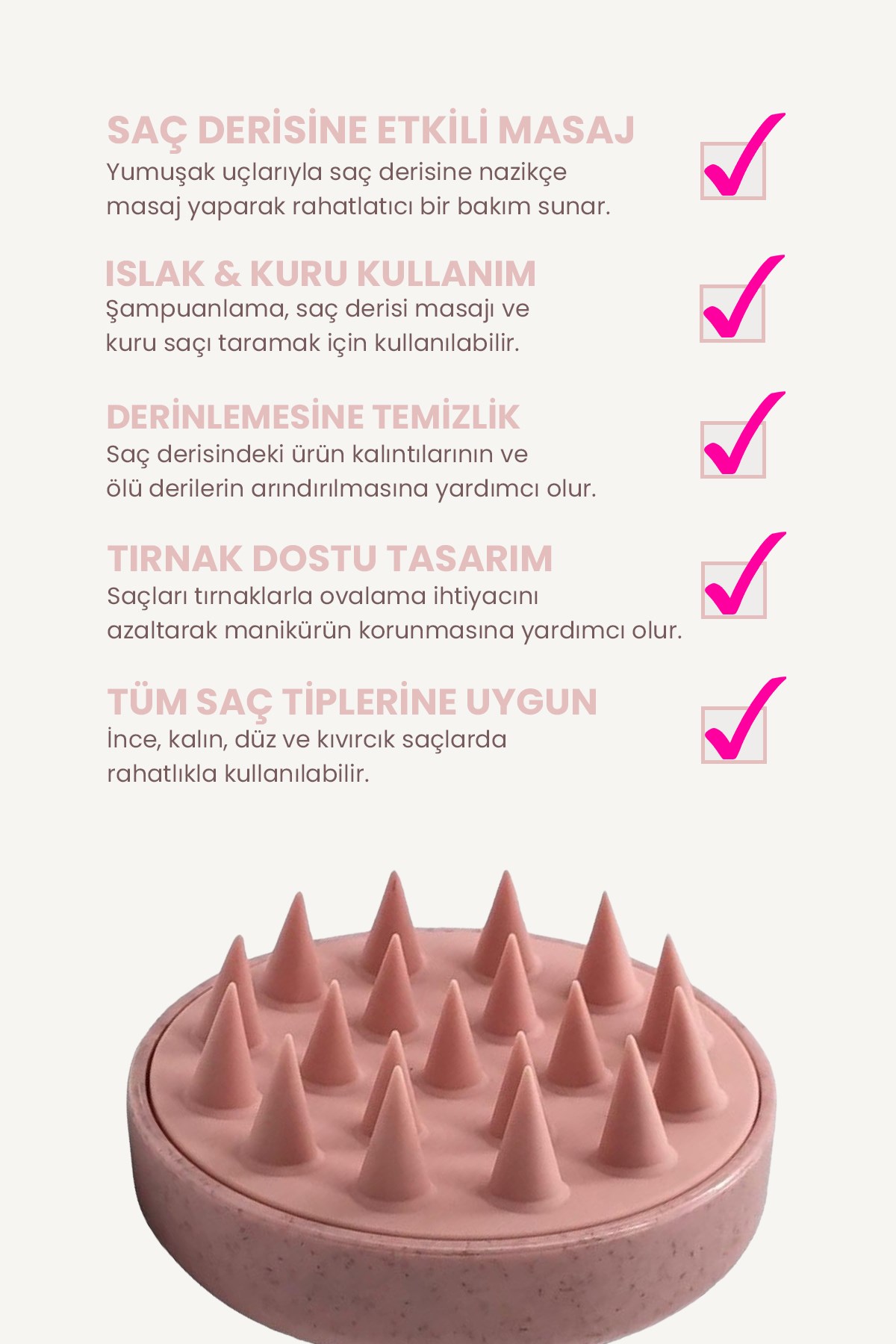 POP Beauty Saç Bakım Fırçası, Saç Derisine Masaj Yapan Şampuan Tarağı, Duş Fırçası (GÜL KURUSU) POPBeauty0005