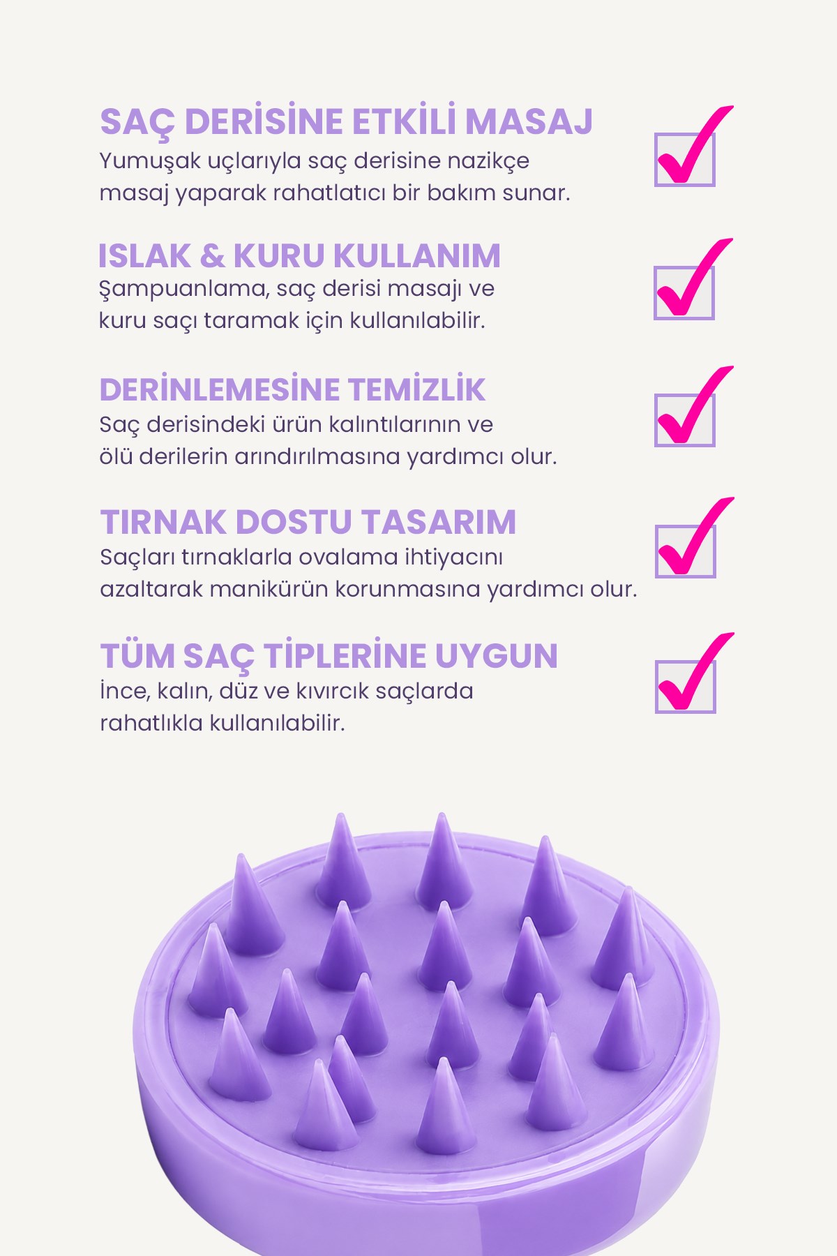 Saç Bakım Fırçası, Saç Derisine Masaj Yapan Şampuan Tarağı, Duş Fırçası (LİLA)