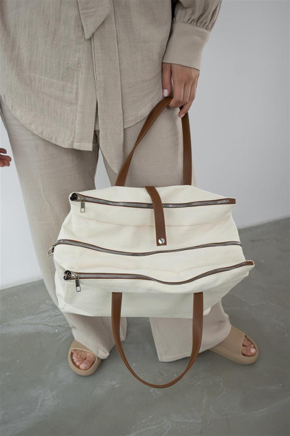 Organik Keten Kumaş Shopper Çanta Leon Taba