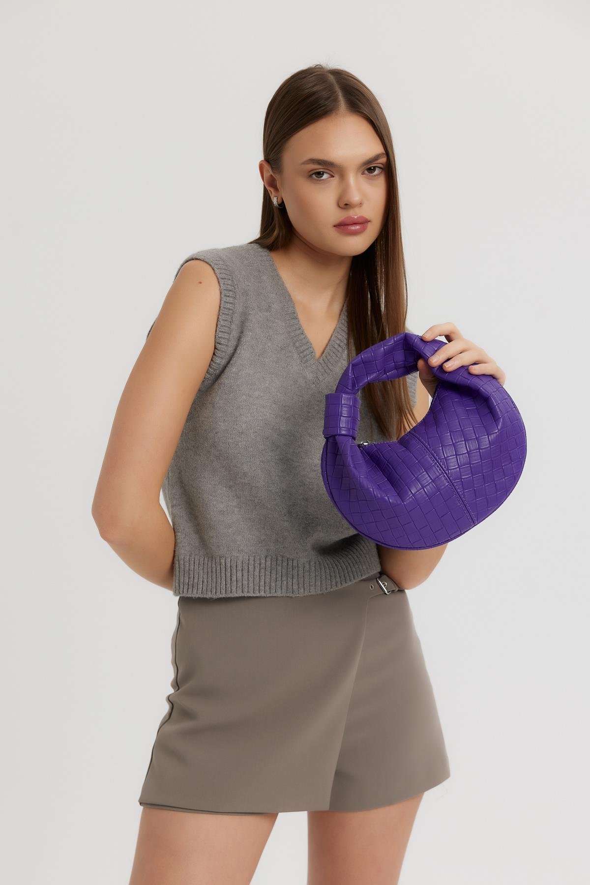 Örgü Detaylı Baget Çanta Capsule Mor