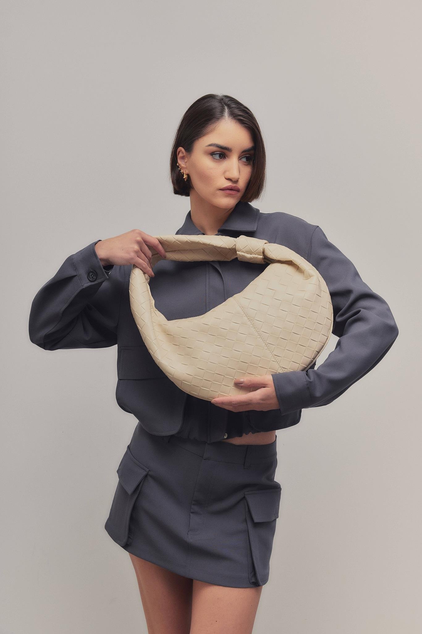 Örgülü Omuz Çantası Donna Krem