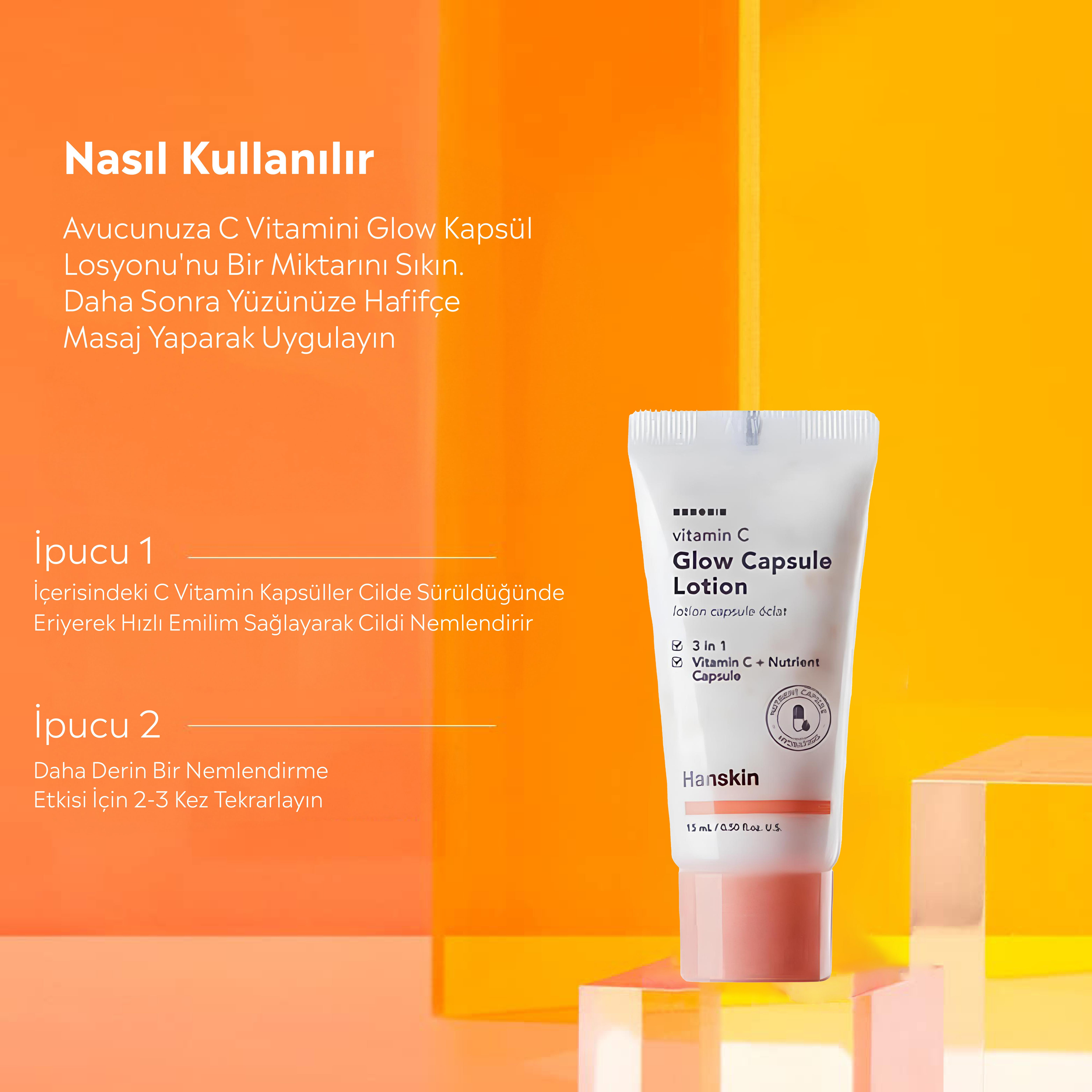 Hanskin Vitamin C Glow Capsule Lotion – C Vitaminli Aydınlatıcı Kapsül İçeren Losyon (Seyehat Boy) 15ml 