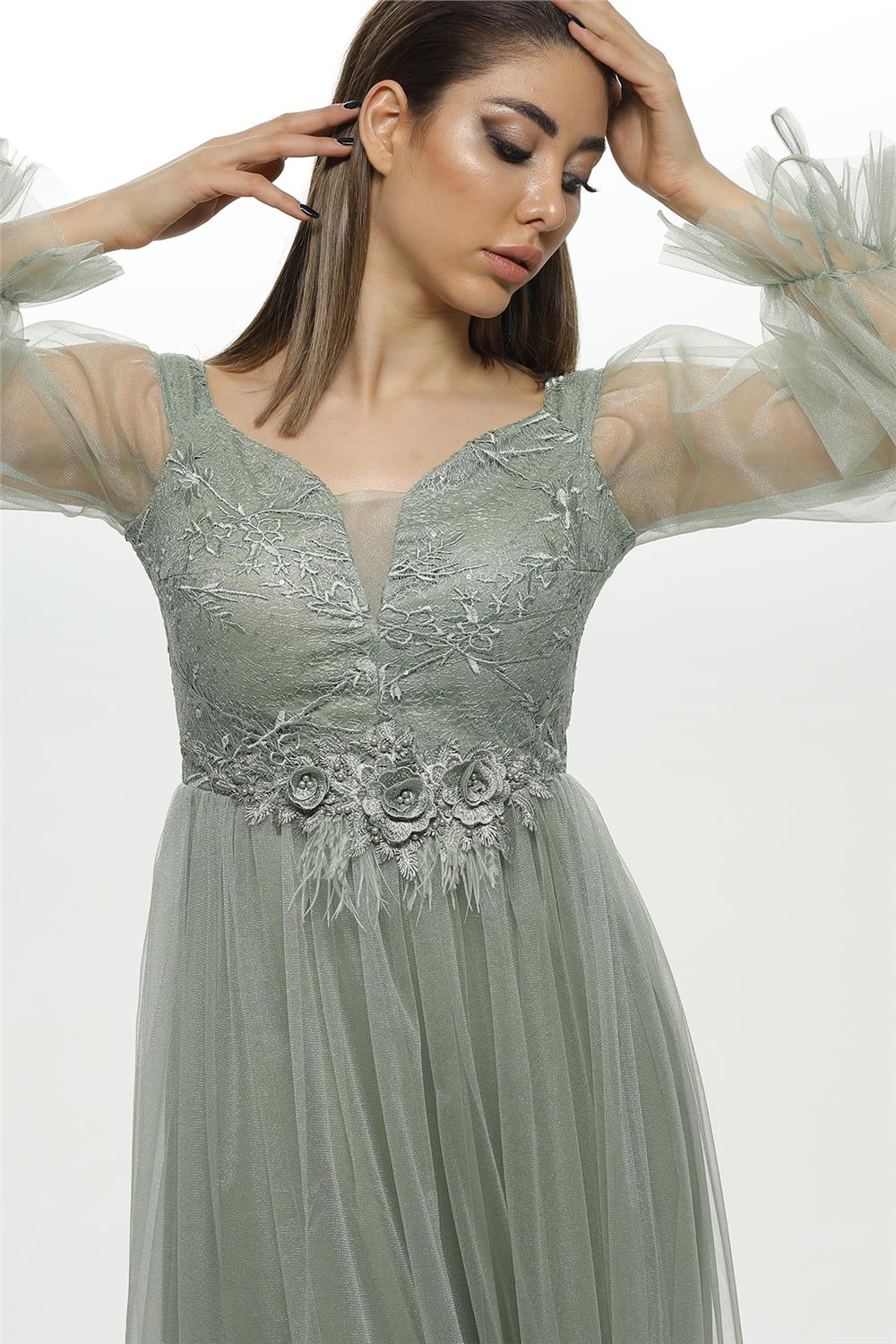 38741 Belli Aplikli Üzeri Dantel Tül Elbise