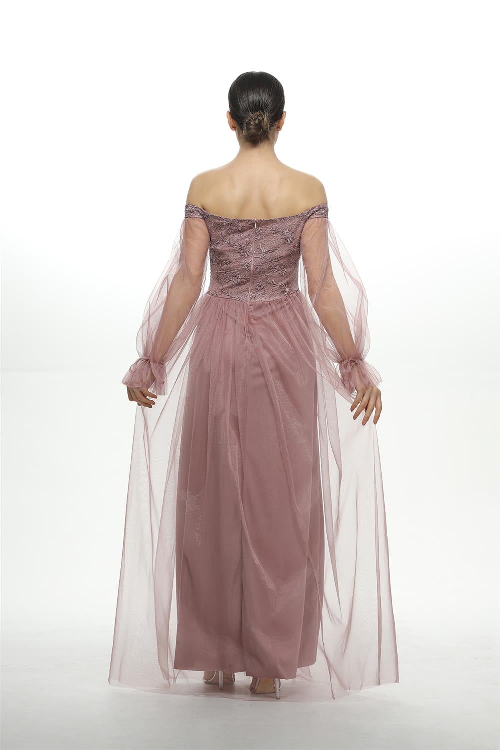 38741 Belli Aplikli Üzeri Dantel Tül Elbise