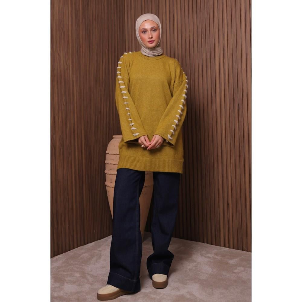 7028 Kolları İp Geçişli Yumoş Tunik - Yağ Yeşili