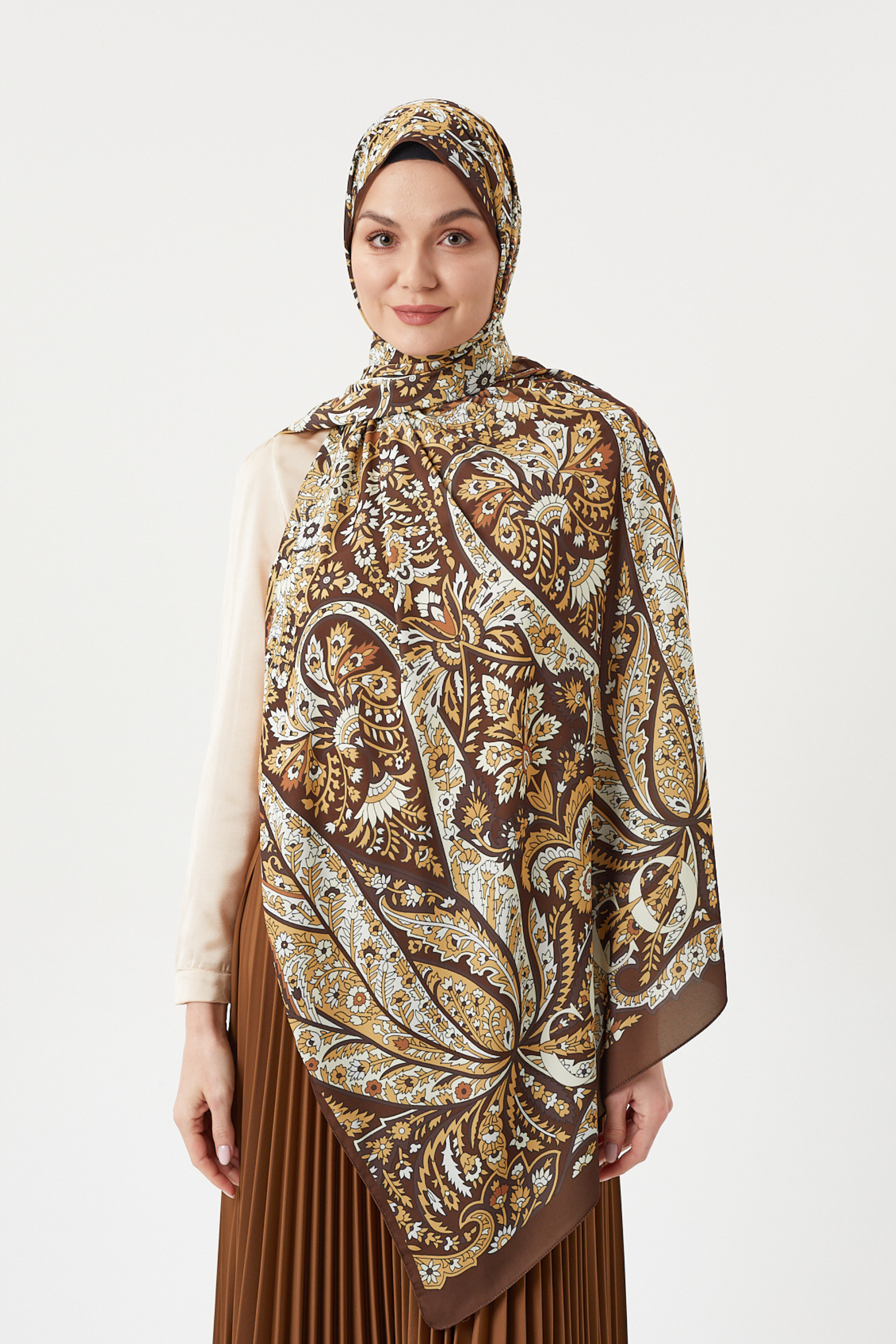 Acı Kahve Balamir Desen İpek Şal