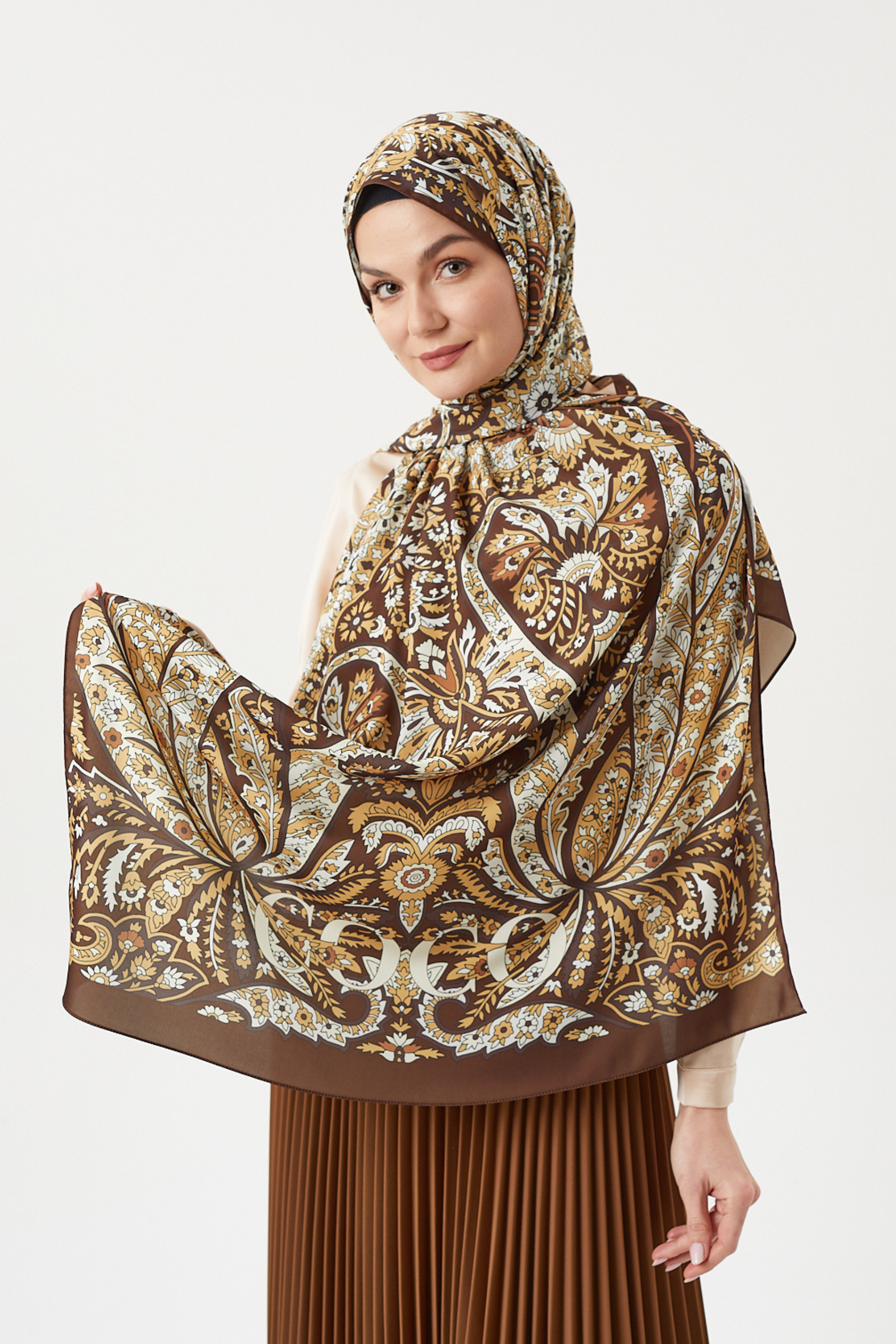 Acı Kahve Balamir Desen İpek Şal