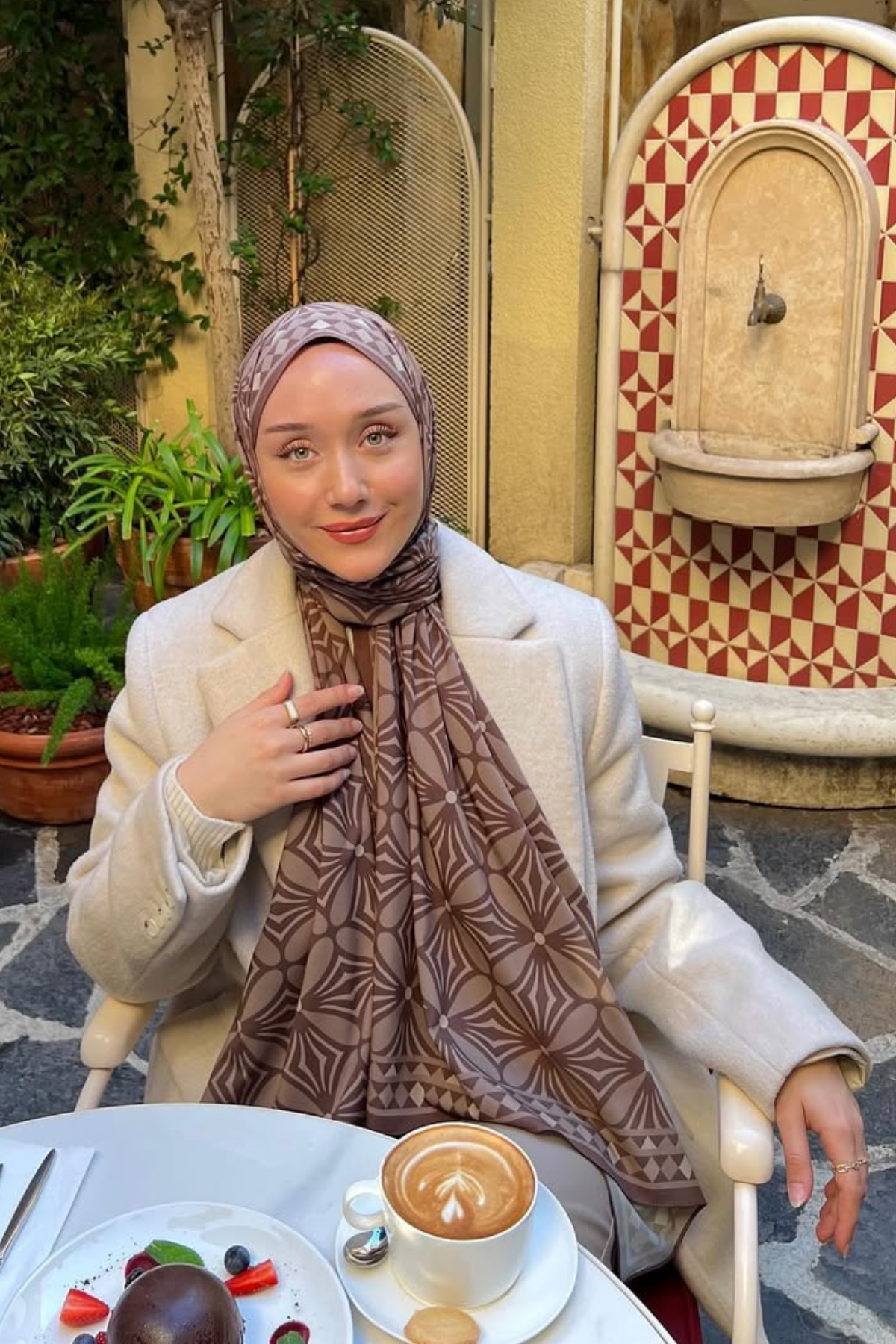 Acı Kahve Yonca Desen Pamuk Vual Şal