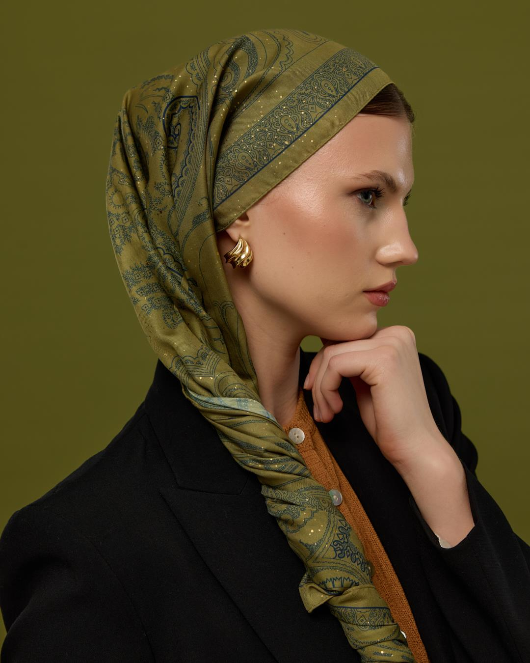 Altın & Lacivert Hürrem Desen Işıltılı Şal