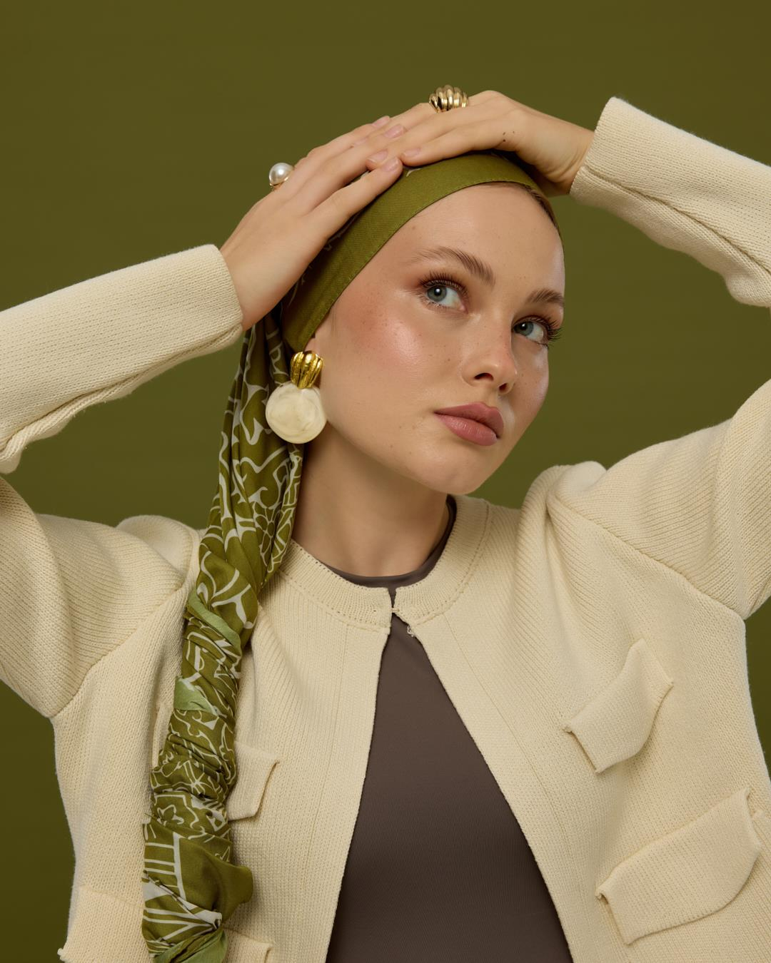 Altın Zeytin & Beyaz Işık Harem Rüyası Desen Şal