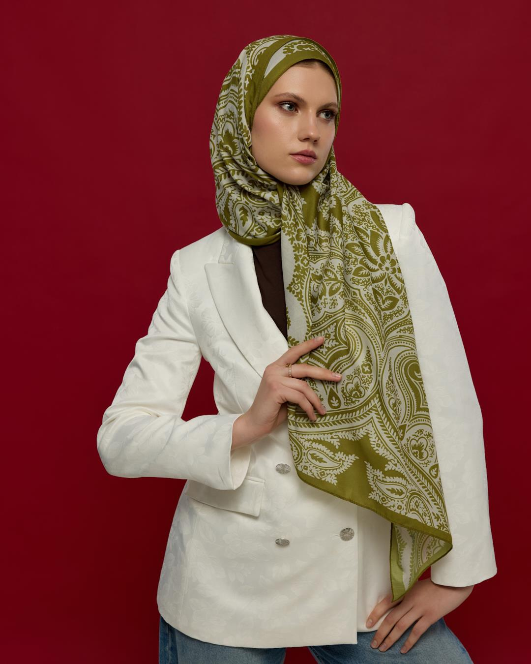 Altın Zeytin & Beyaz Işık Sultani Desen Şal