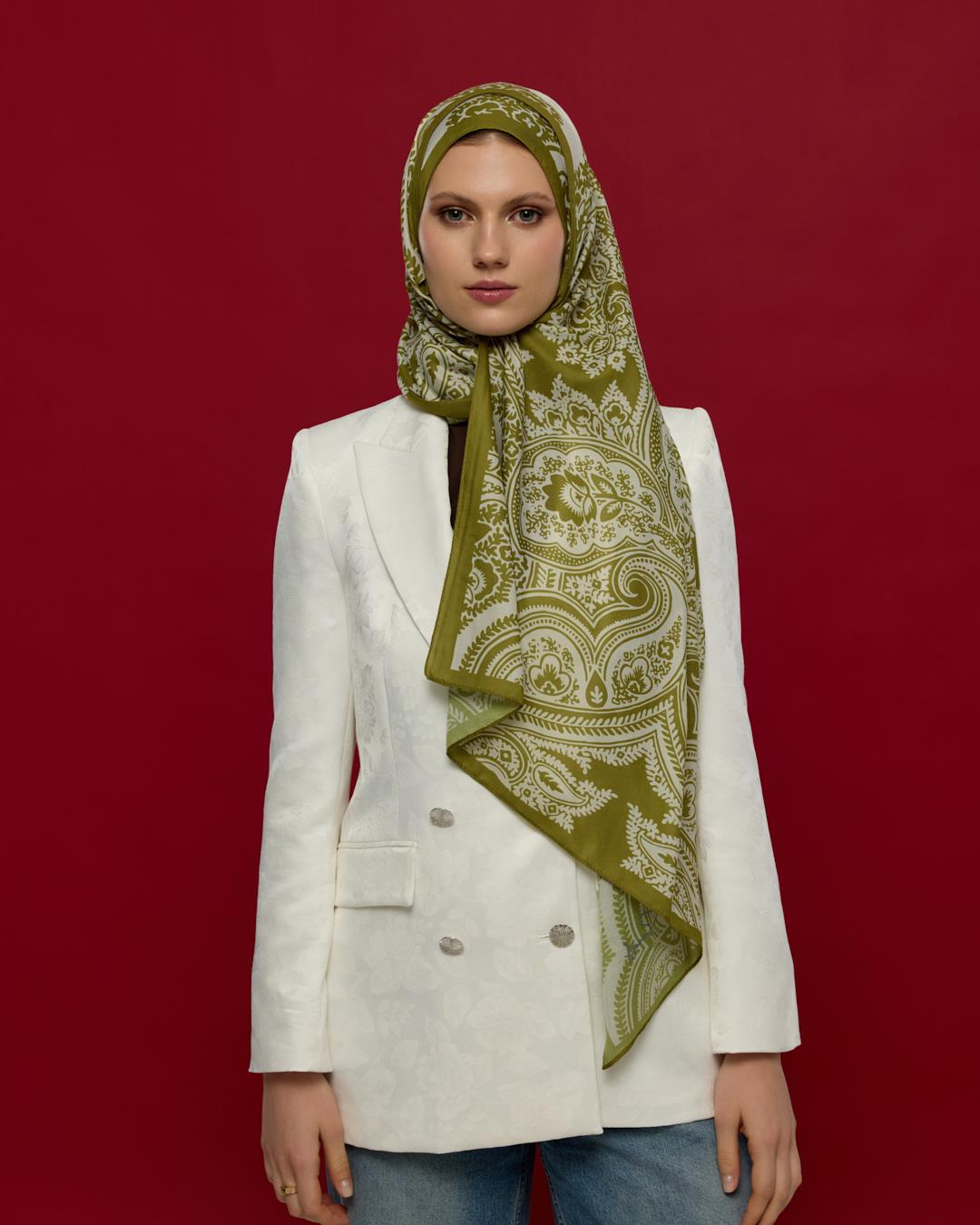 Altın Zeytin & Beyaz Işık Sultani Desen Şal