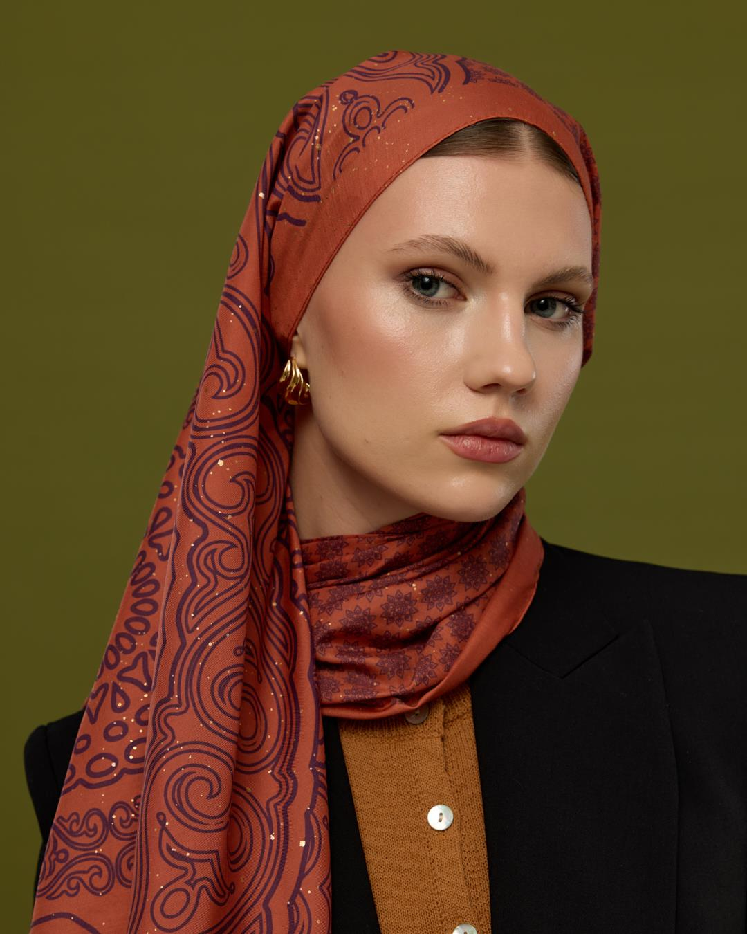Amber & Patlıcan Bala Hatun Desen Işıltılı Şal