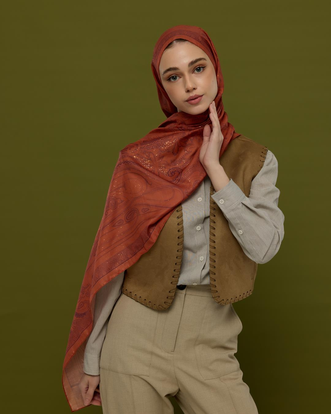 Amber & Patlıcan Hürrem Desen Işıltılı Şal