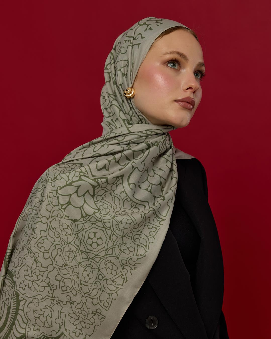 Badem Kremi & Zeytin Yeşili Harem Rüyası Desen Şal