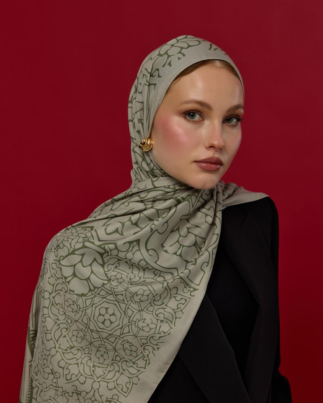 Badem Kremi & Zeytin Yeşili Harem Rüyası Desen Şal