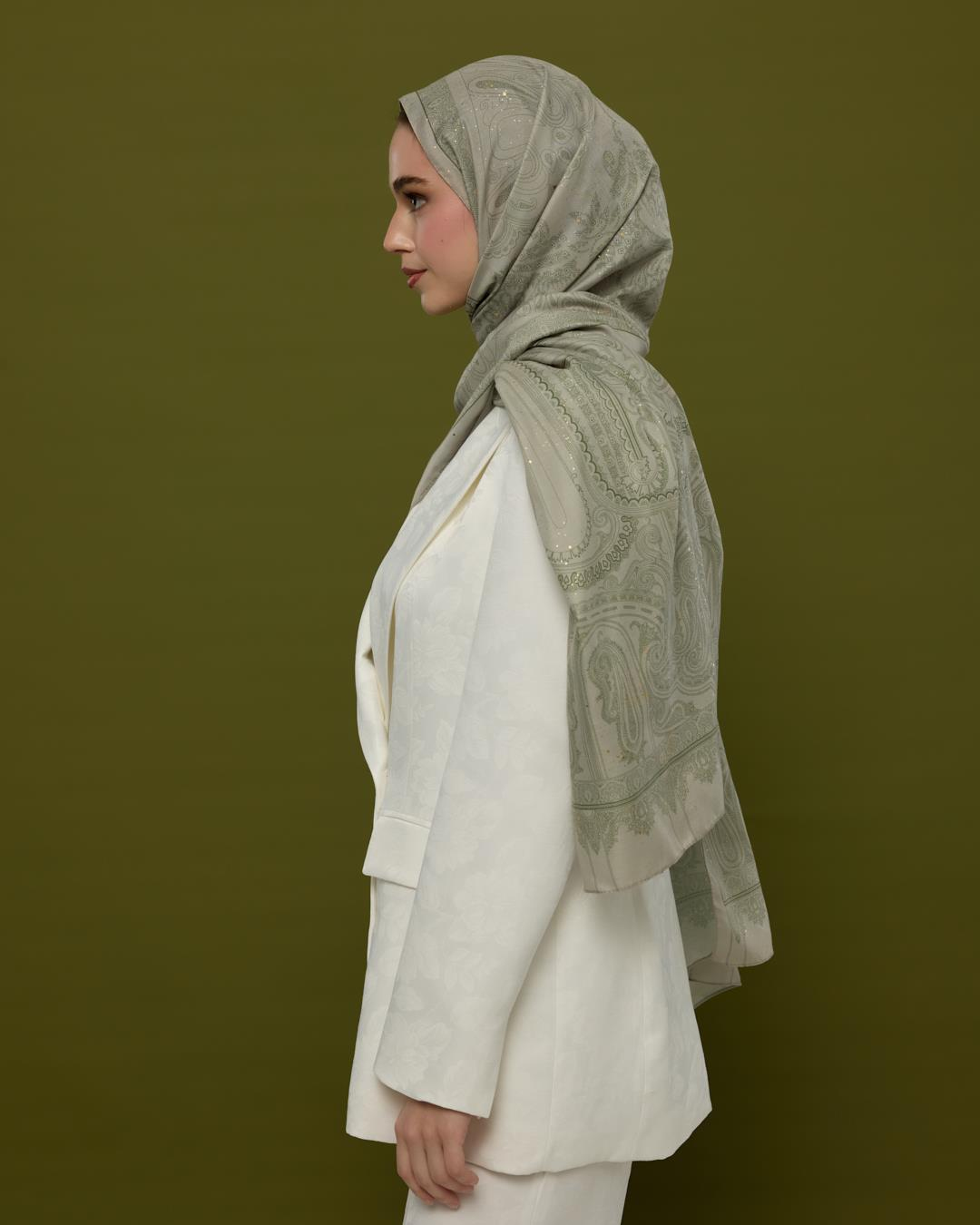 Badem Kremi & Zeytin Yeşili Hürrem Desen Işıltılı Şal