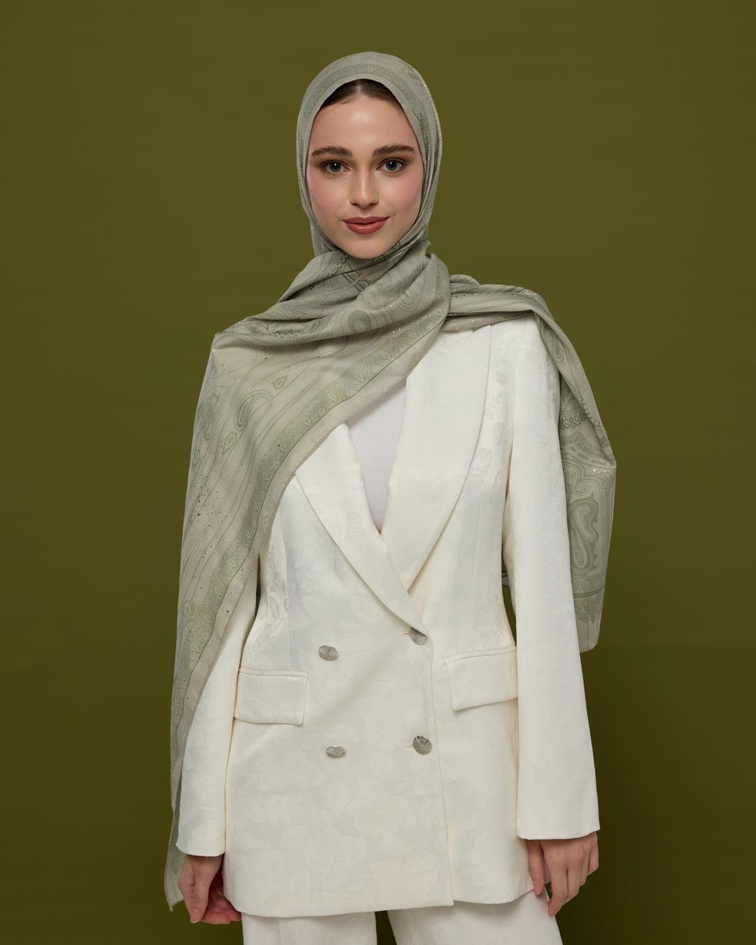 Badem Kremi & Zeytin Yeşili Hürrem Desen Işıltılı Şal