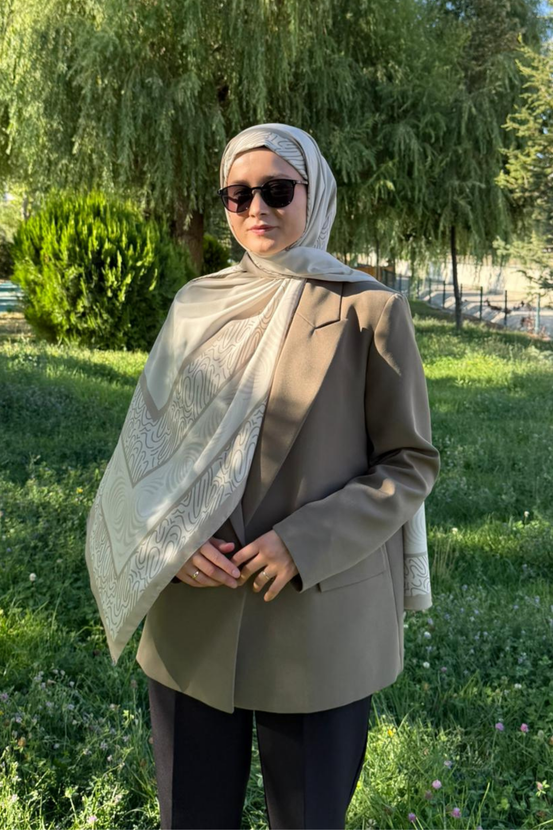 Bej Karma Desen Pamuk Vual Şal