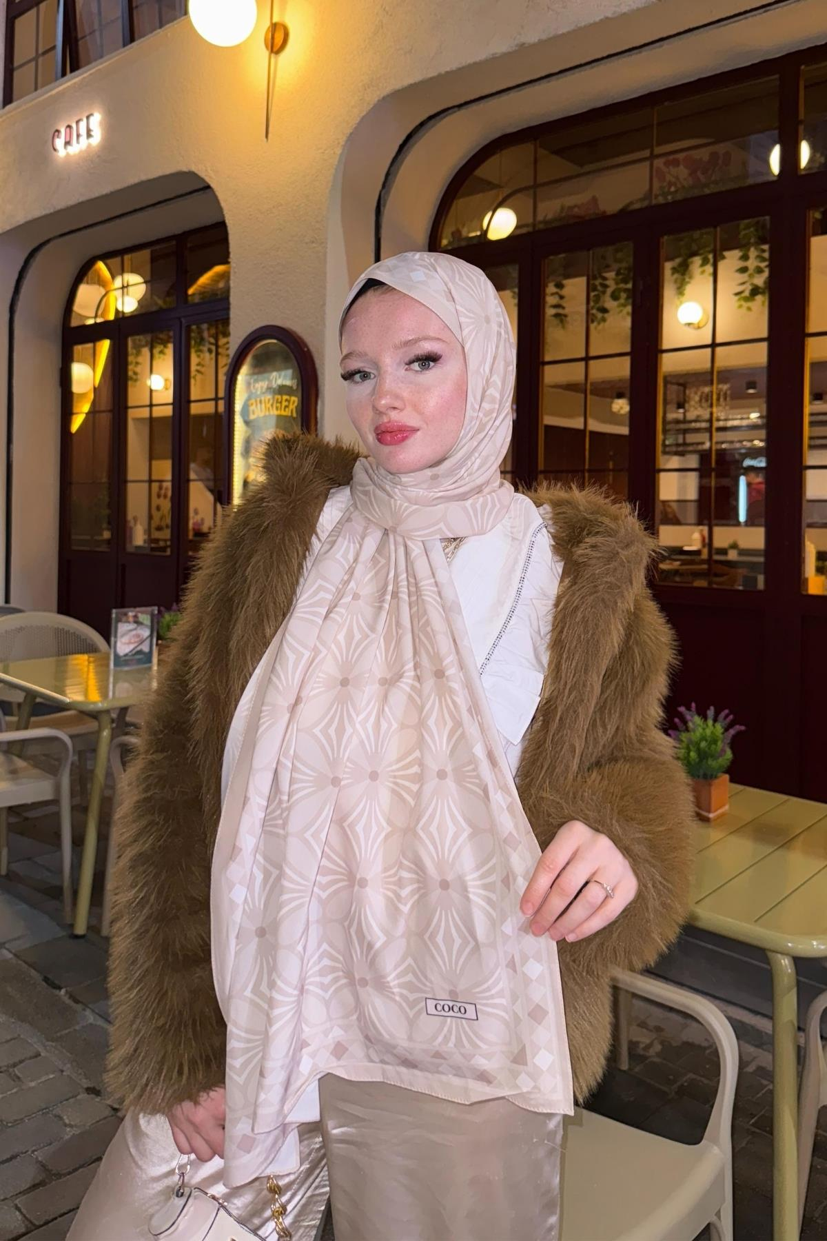 Bej Yonca Desen Pamuk Vual Şal