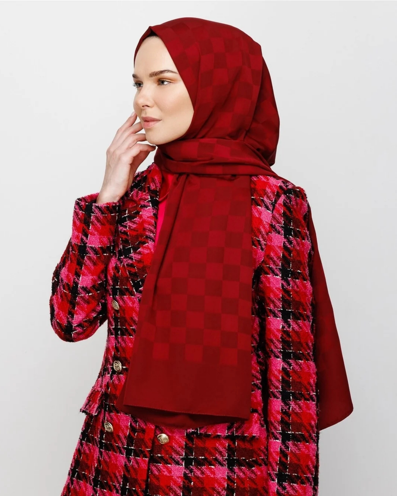 Bordo Dama Desen İpeksi Jakar Şal