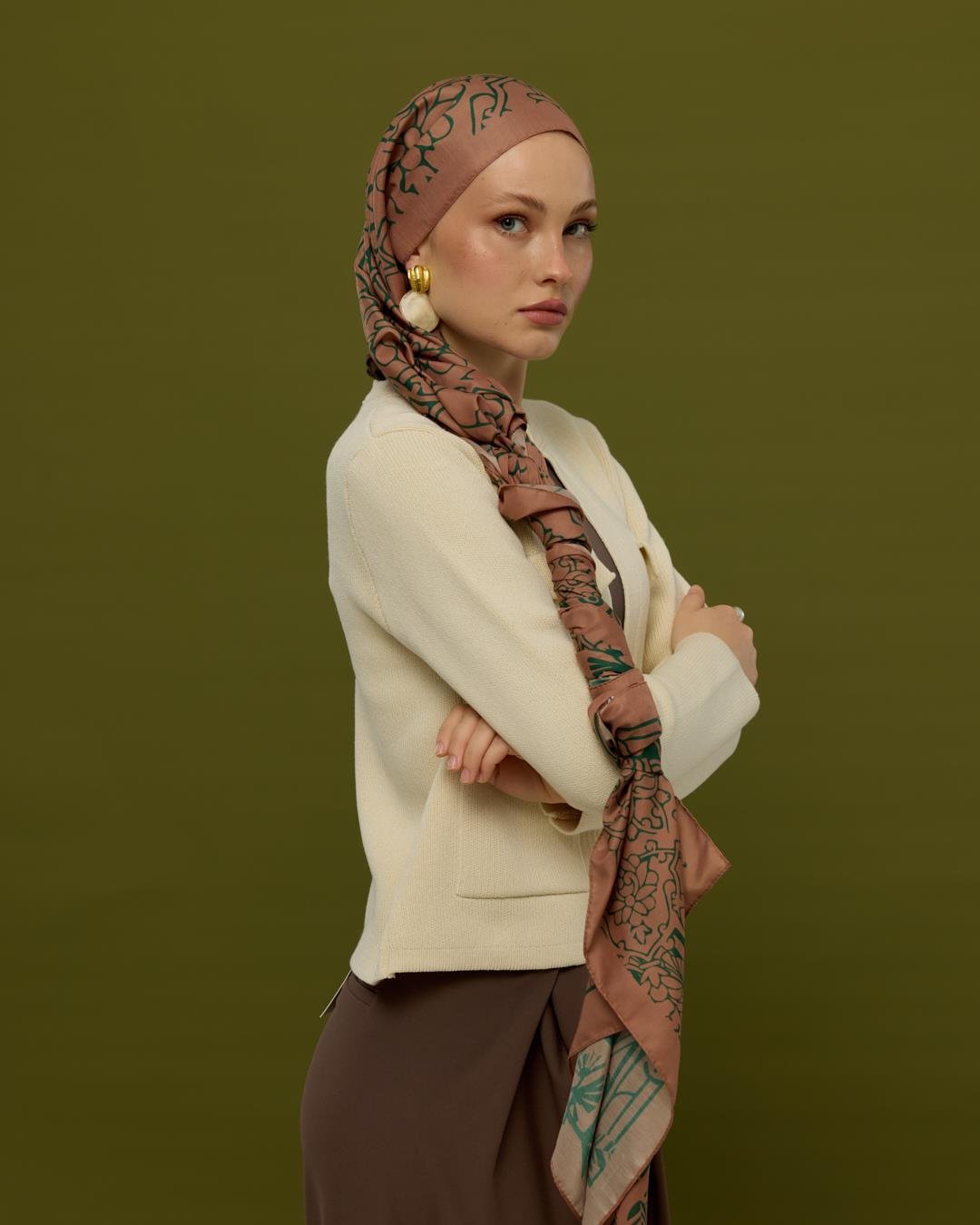 Bronz Şafak & Orman Yeşili Harem Rüyası Desen Şal