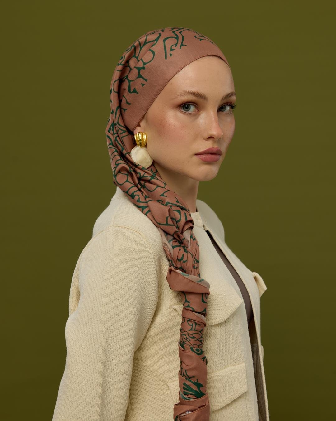 Bronz Şafak & Orman Yeşili Harem Rüyası Desen Şal