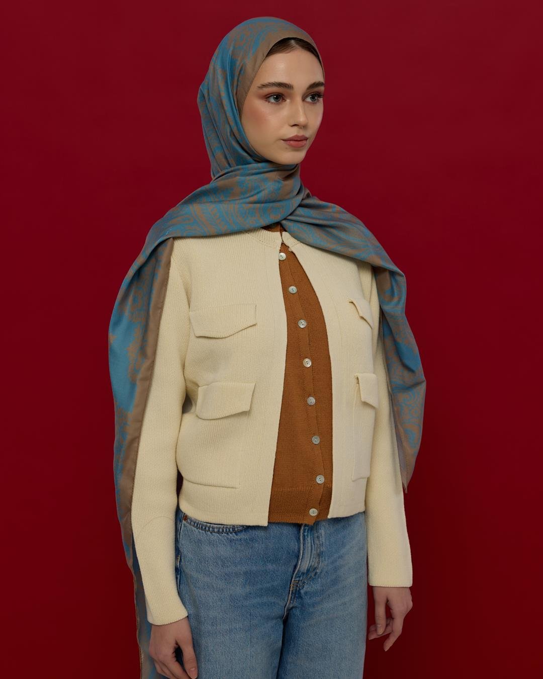 Çakıl Mavisi & Tarçın Dumanı Sultani Desen Şal