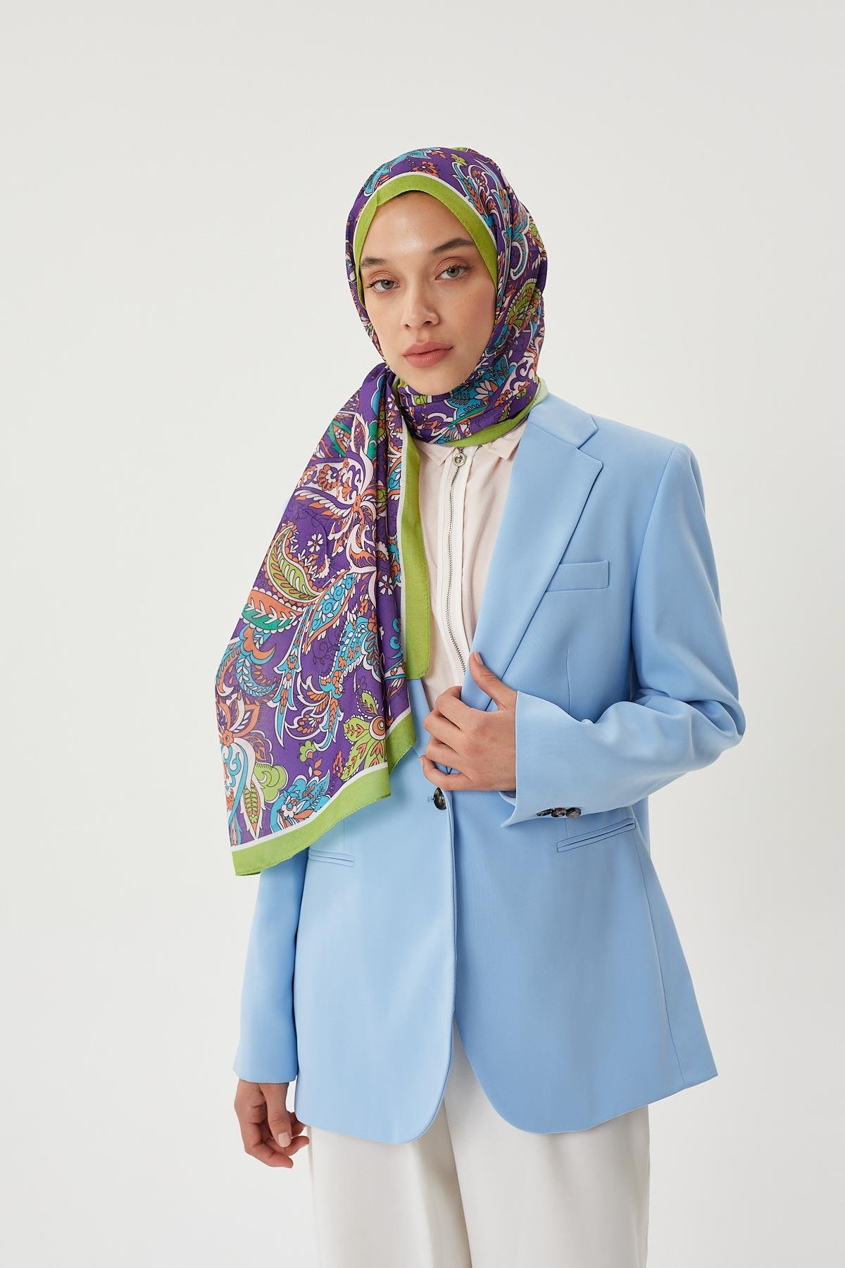 Fıstık Yeşili & Mor Retro Desen Şal
