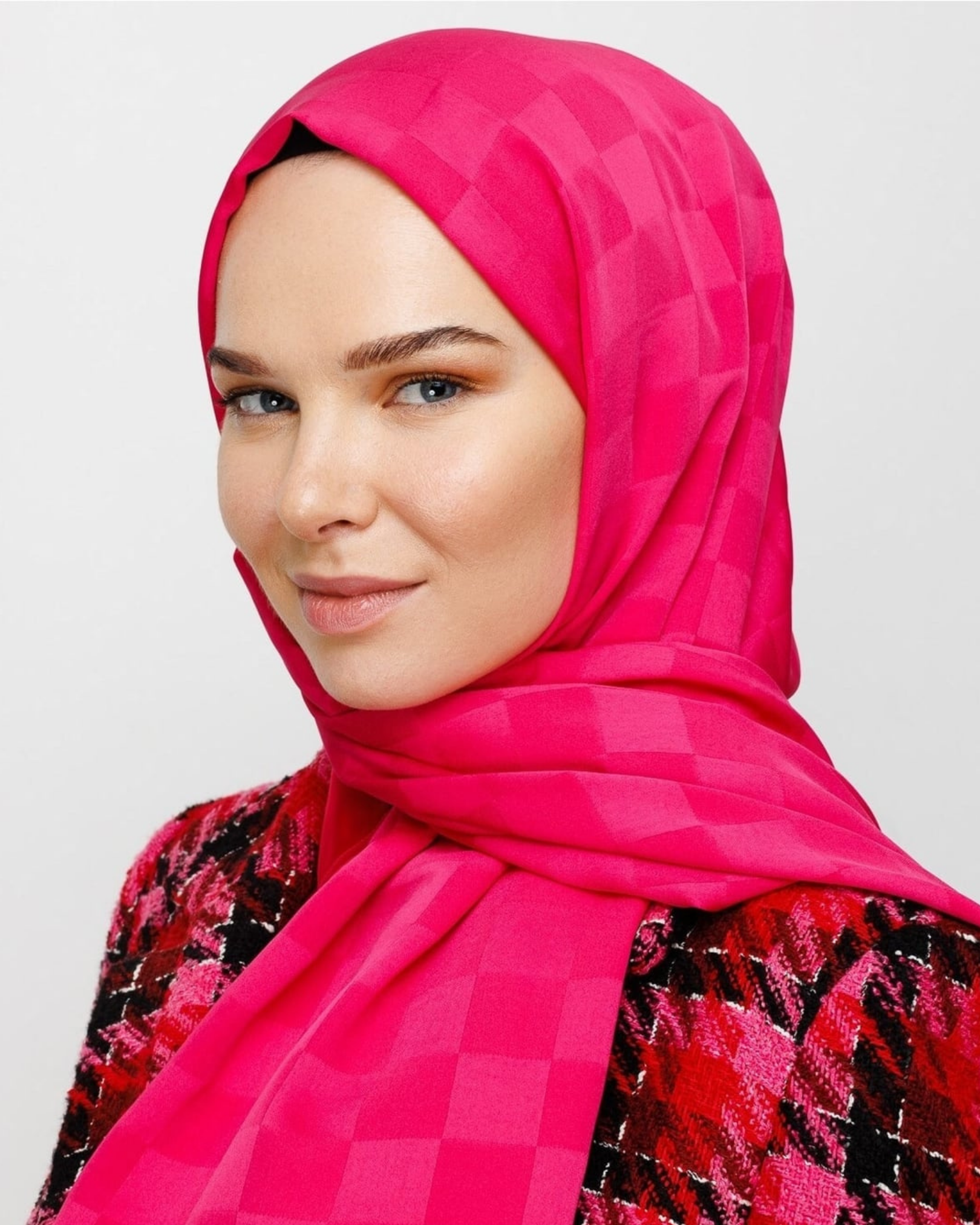 Fuşya Dama Desen İpeksi Jakar Şal