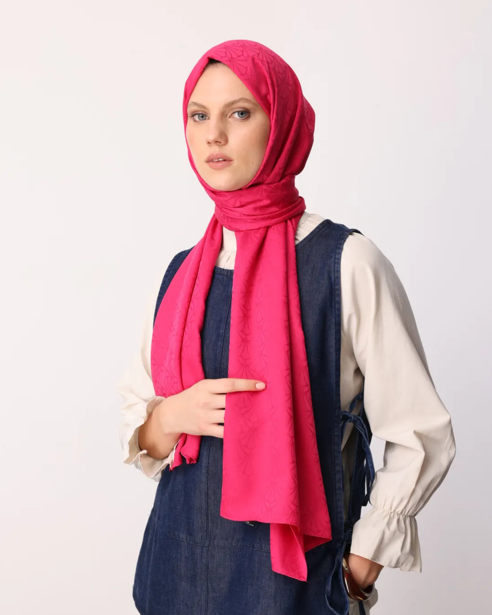 Fuşya Lotus Desen İpeksi Jakar Şal