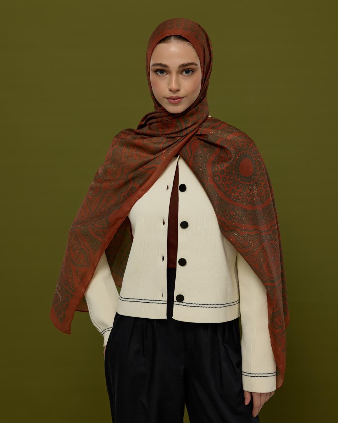 Kızıl Bakır & Koyu Yeşil Bala Hatun Desen Işıltılı Şal