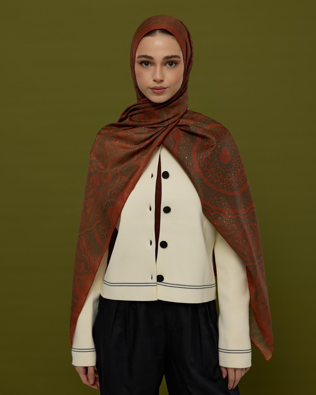 Kızıl Bakır & Koyu Yeşil Bala Hatun Desen Işıltılı Şal