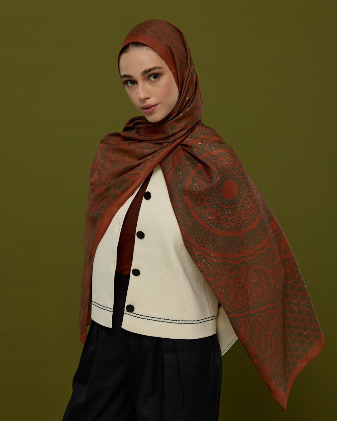 Kızıl Bakır & Koyu Yeşil Bala Hatun Desen Işıltılı Şal