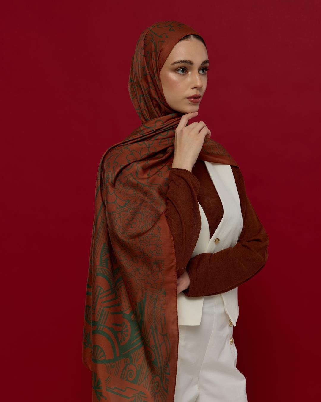 Kızıl Bakır & Koyu Yeşil Harem Rüyası Desen Şal