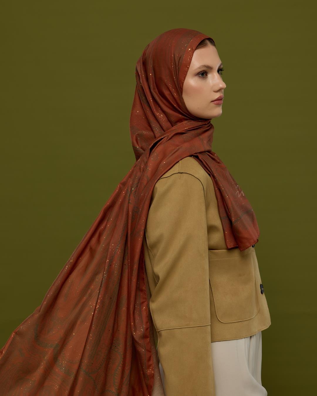 Kızıl Bakır & Koyu Yeşil Hürrem Desen Işıltılı Şal