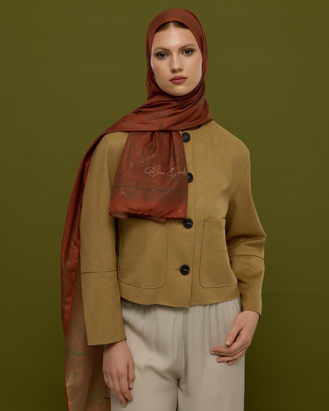 Kızıl Bakır & Koyu Yeşil Hürrem Desen Işıltılı Şal