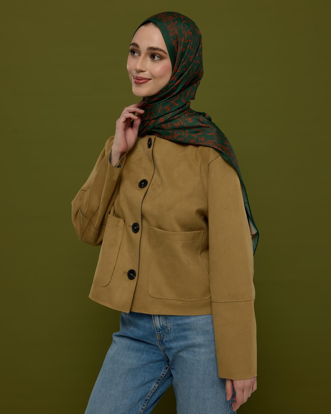 Koyu Yeşil & Kızıl Bakır Lale Bahçesi Desen Şal