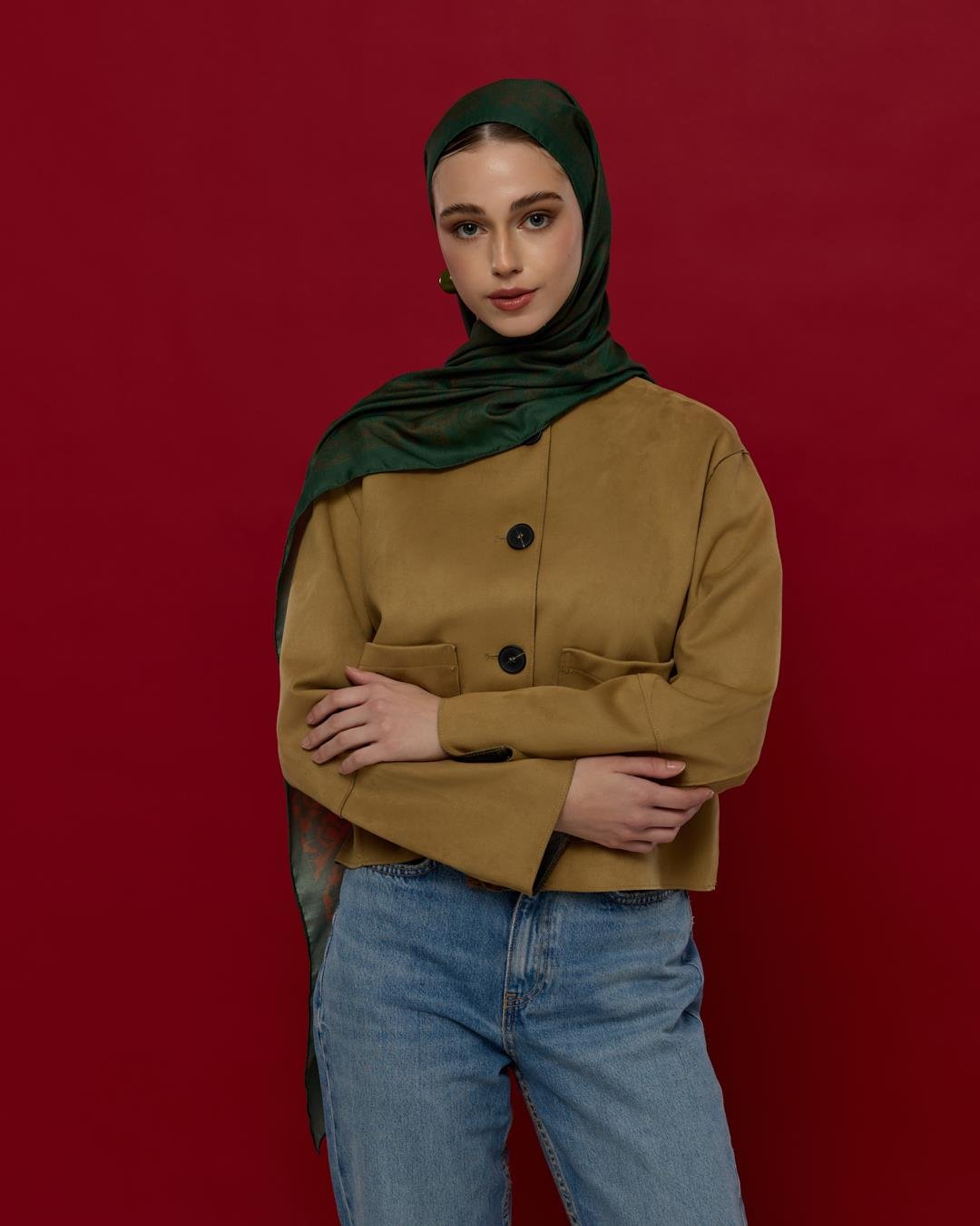 Koyu Yeşil & Kızıl Bakır Saraylı Desen Şal