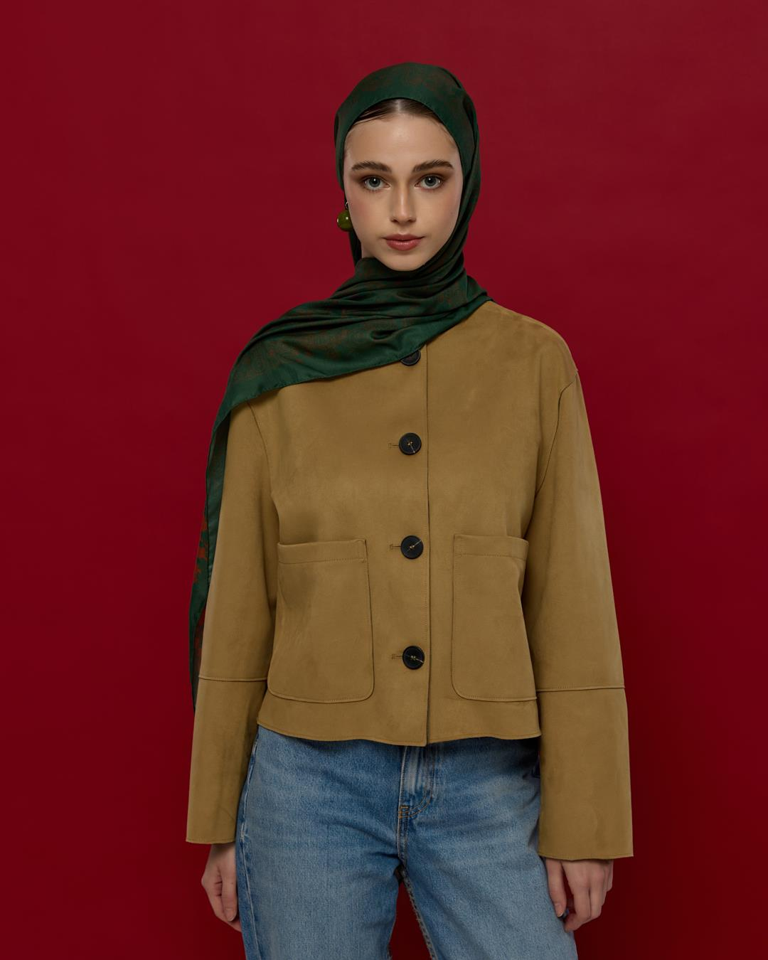 Koyu Yeşil & Kızıl Bakır Saraylı Desen Şal
